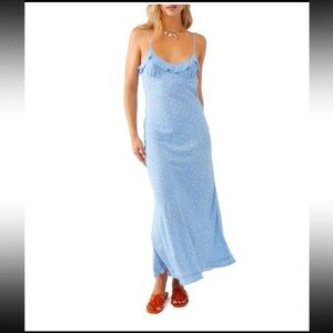 NWT O'NEILL Ellis Floral Ruffle Maxi Slipdress in Caribbean Blue Nikolette Large